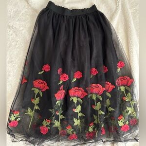 ModCloth - Black Midi Tulle Skirt w/ embroidered Roses